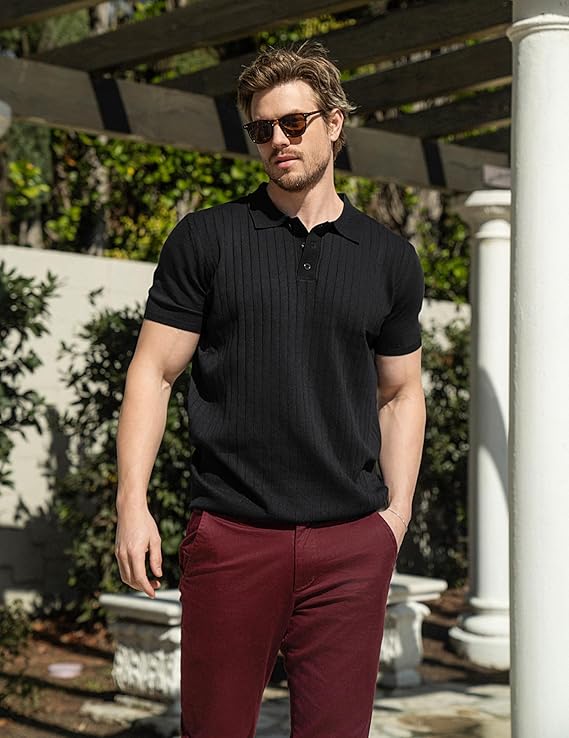 COOFANDY Men's Knit Polo Shirts Short Sleeve Ribbed Knitted Shirt Summer Lightweight Casual Golf Shirts