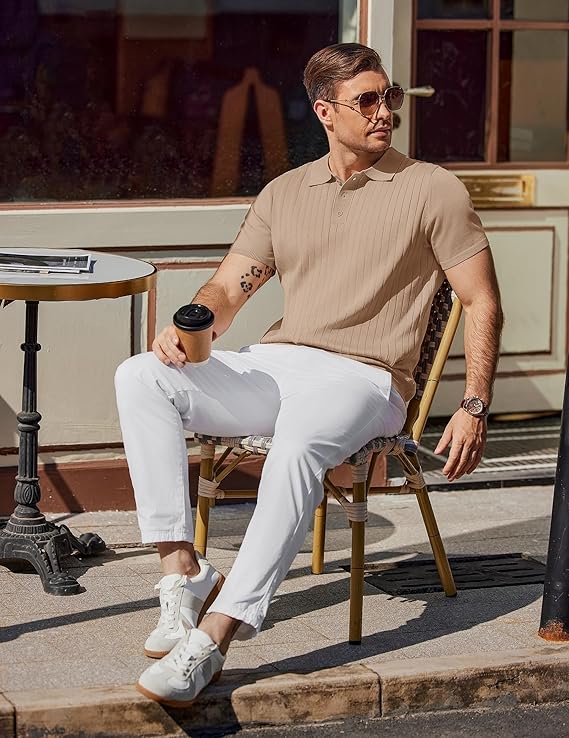 COOFANDY Men's Knit Polo Shirts Short Sleeve Ribbed Knitted Shirt Summer Lightweight Casual Golf Shirts