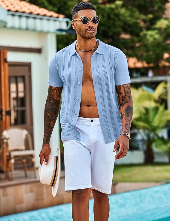 COOFANDY Men's Knit Shirts Short Sleeve Casual Button Down Polo Shirt Summer Beach Vacation Shirts