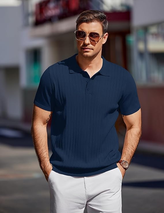 COOFANDY Men's Knit Polo Shirts Short Sleeve Ribbed Knitted Shirt Summer Lightweight Casual Golf Shirts