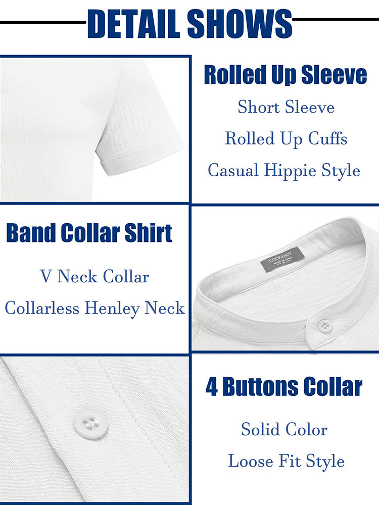 COOFANDY Men's Casual Henley Band Collar Short Sleeve Summer Beach Hippie Shirt