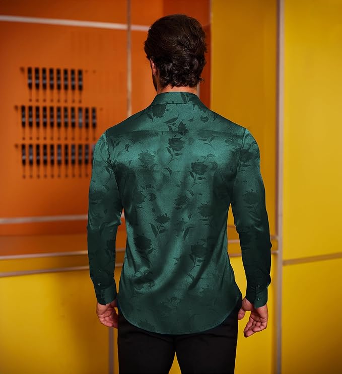 COOFANDY Men's Silk Satin Dress Shirts Jacquard Long Sleeve Floral Button Up Shirts Party Prom Wedding Shirt