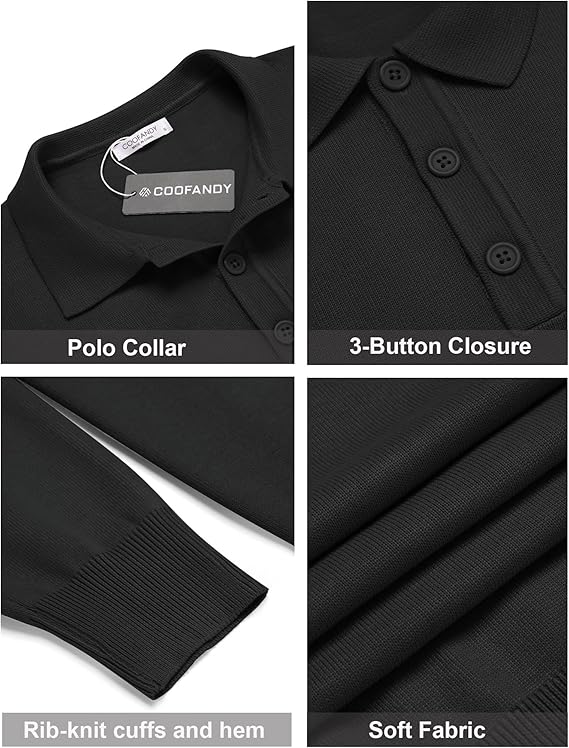 COOFANDY Mens Knit Polo Shirts Casual Long Sleeve Classic Polo Shirts Button Down Golf Shirts
