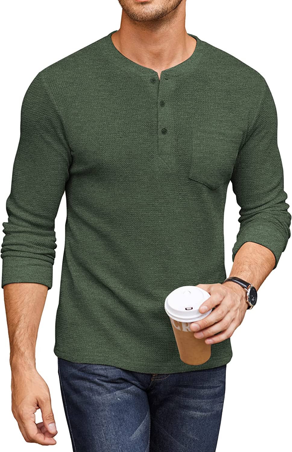 Basic Waffle Pullover Long Sleeve T-Shirt (US Only) T-Shirt Coofandy's Army Green S