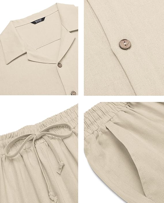COOFANDY Men 2 Piece Linen Outfit Beach Button Down Shirt Casual Loose Pant Sets