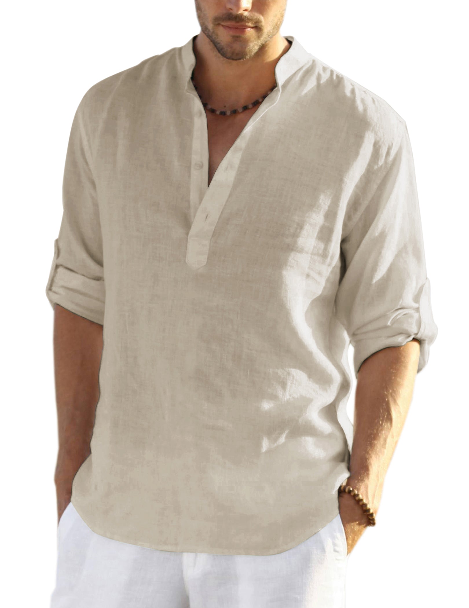 COOFANDY Men's Cotton Linen Henley T-Shirts Long Sleeve Hippie Casual Beach T-Shirts