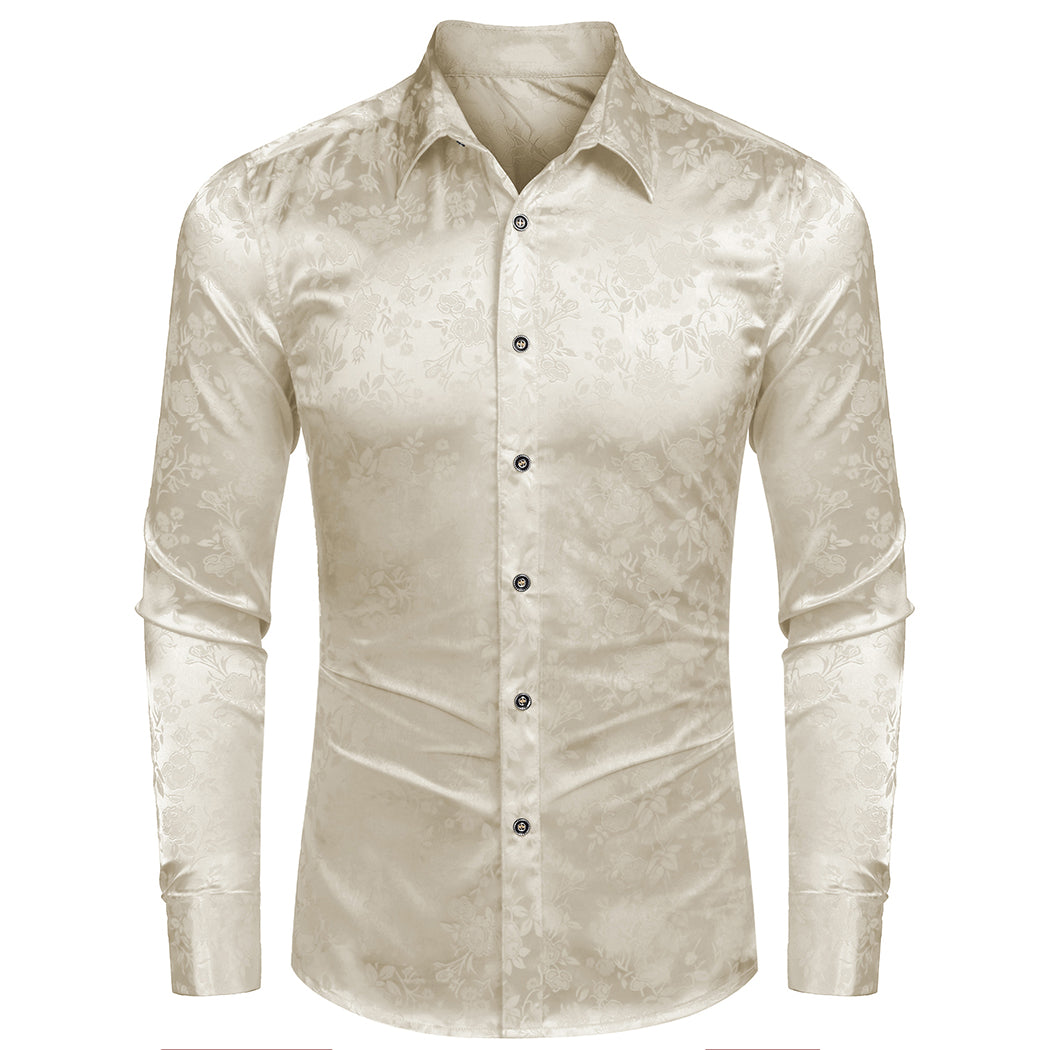 COOFANDY Men's Silk Satin Dress Shirts Jacquard Long Sleeve Floral Button Up Shirts Party Prom Wedding Shirt
