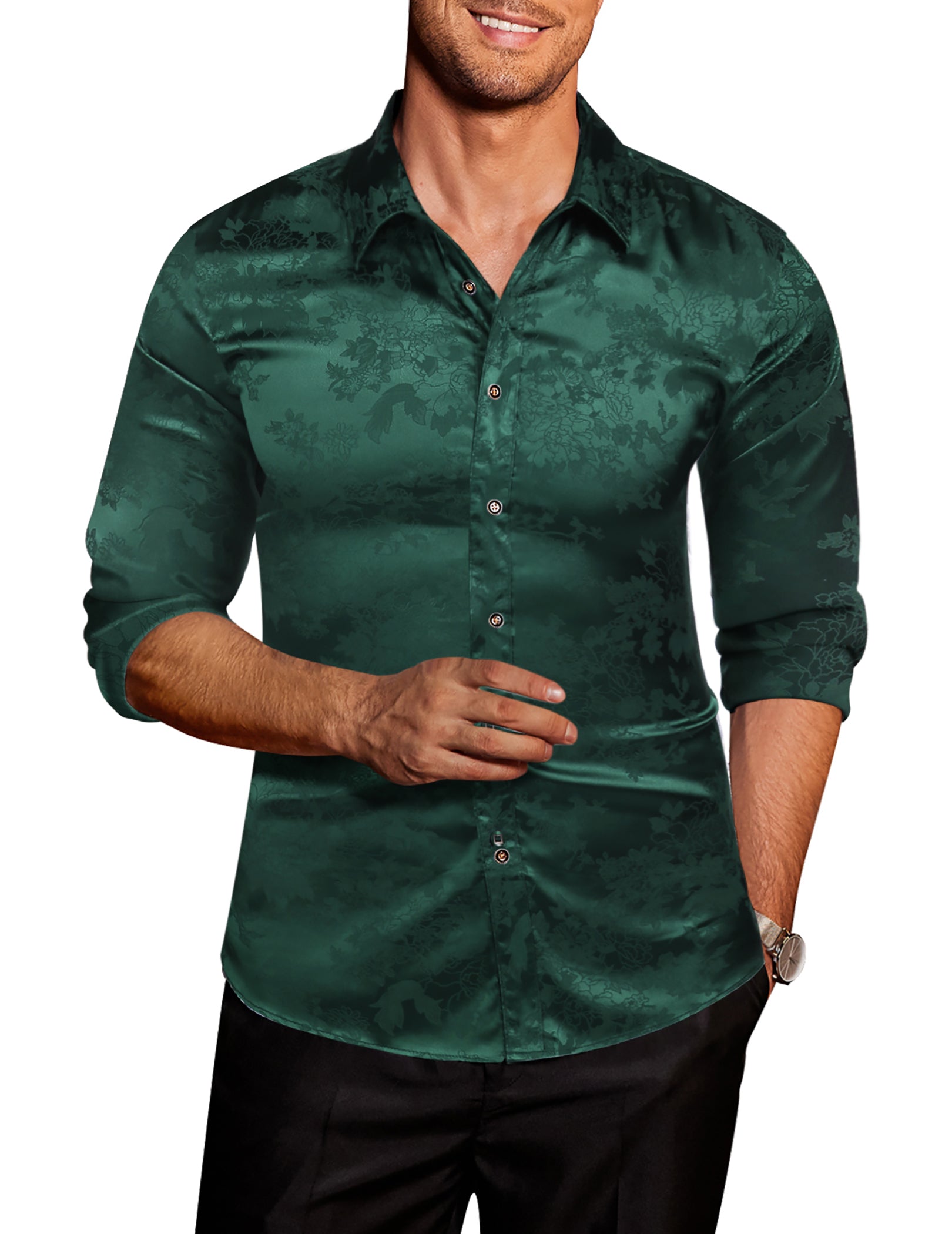 COOFANDY Men's Silk Satin Dress Shirts Jacquard Long Sleeve Floral Button Up Shirts Party Prom Wedding Shirt
