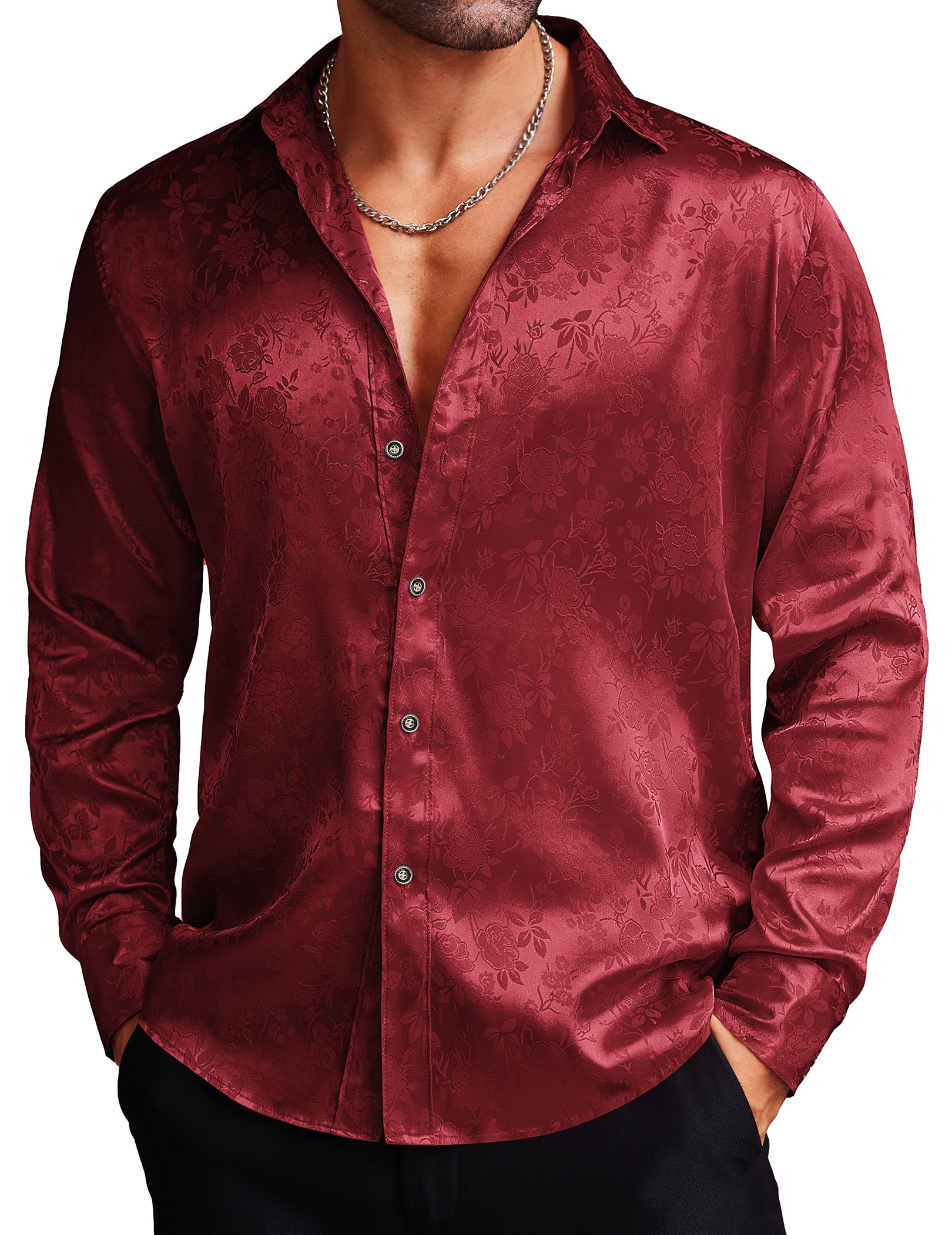 COOFANDY Men's Silk Satin Dress Shirts Jacquard Long Sleeve Floral Button Up Shirts Party Prom Wedding Shirt