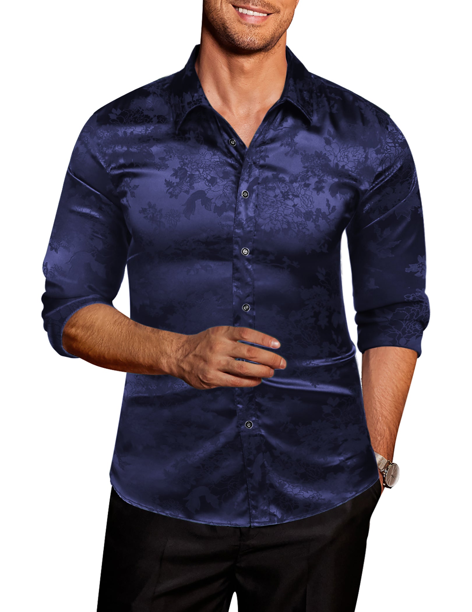 COOFANDY Men's Silk Satin Dress Shirts Jacquard Long Sleeve Floral Button Up Shirts Party Prom Wedding Shirt