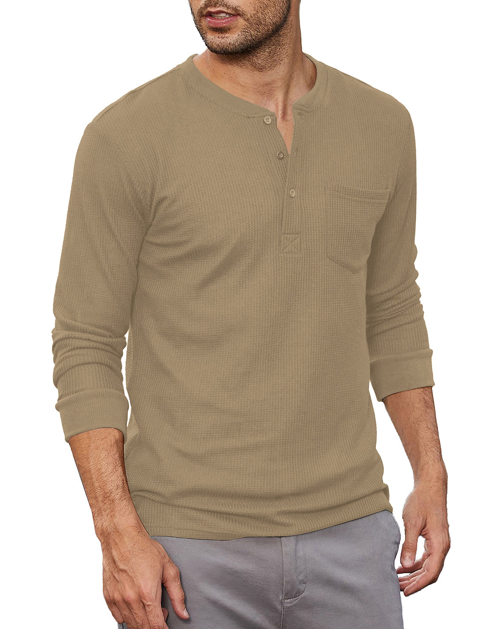 COOFANDY Men's Henley Shirts Long Sleeve Basic Waffle Pique Pullover T-Shirt with Pocket