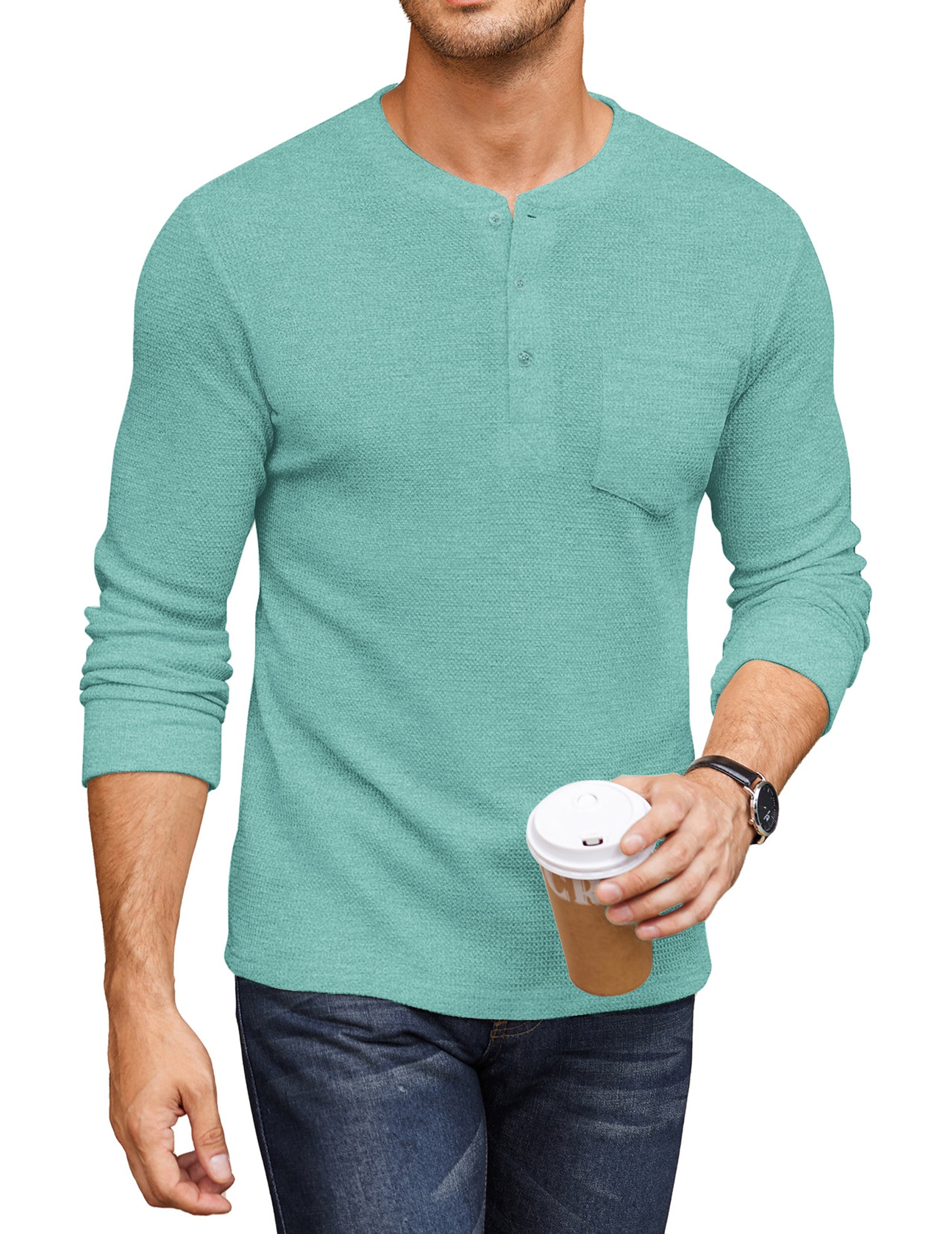 COOFANDY Men's Henley Shirts Long Sleeve Basic Waffle Pique Pullover T-Shirt with Pocket