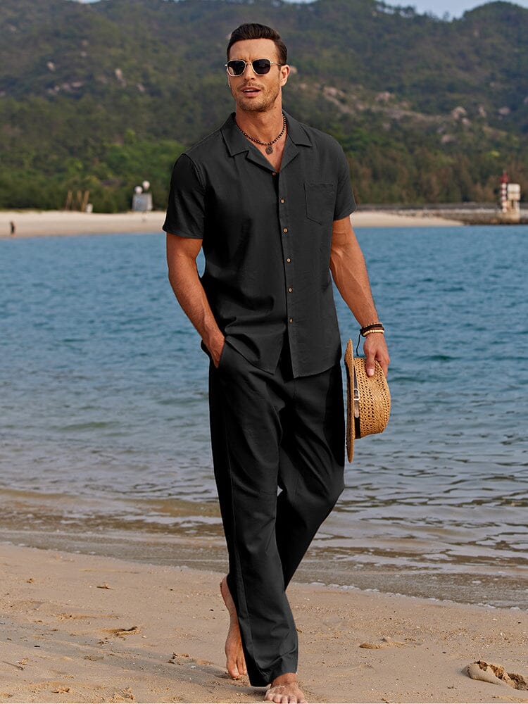 Casual Linen Style Beach Shirt Sets (US Only) Sets coofandystore Black S