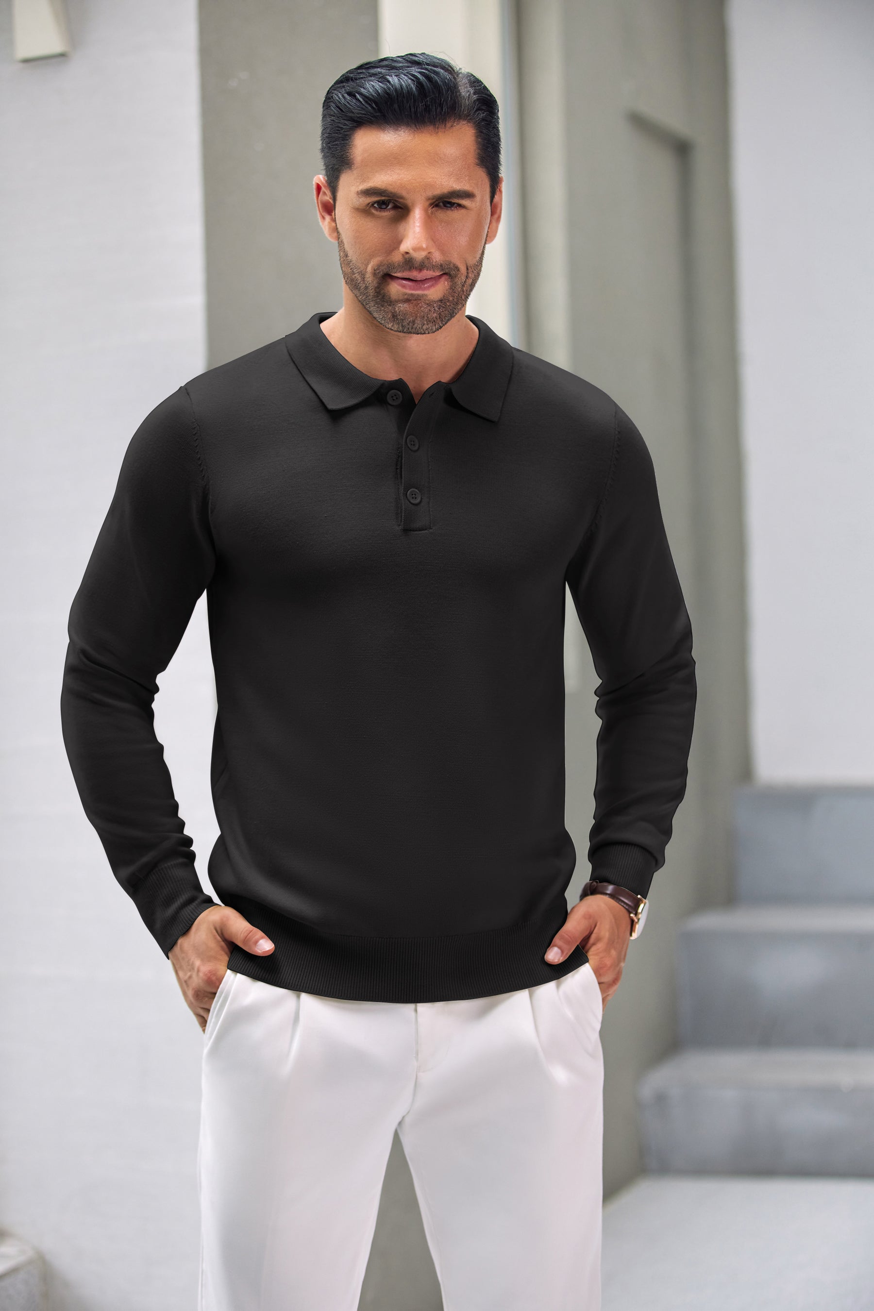 COOFANDY Mens Knit Polo Shirts Casual Long Sleeve Classic Polo Shirts Button Down Golf Shirts