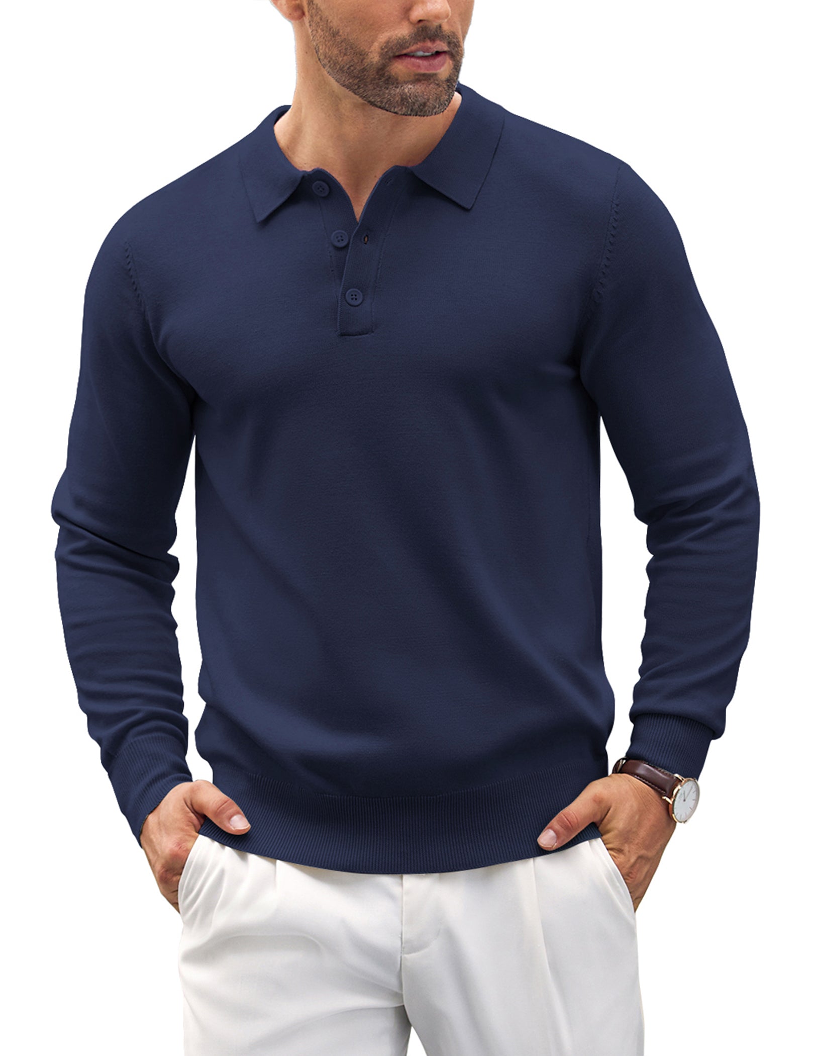 COOFANDY Mens Knit Polo Shirts Casual Long Sleeve Classic Polo Shirts Button Down Golf Shirts