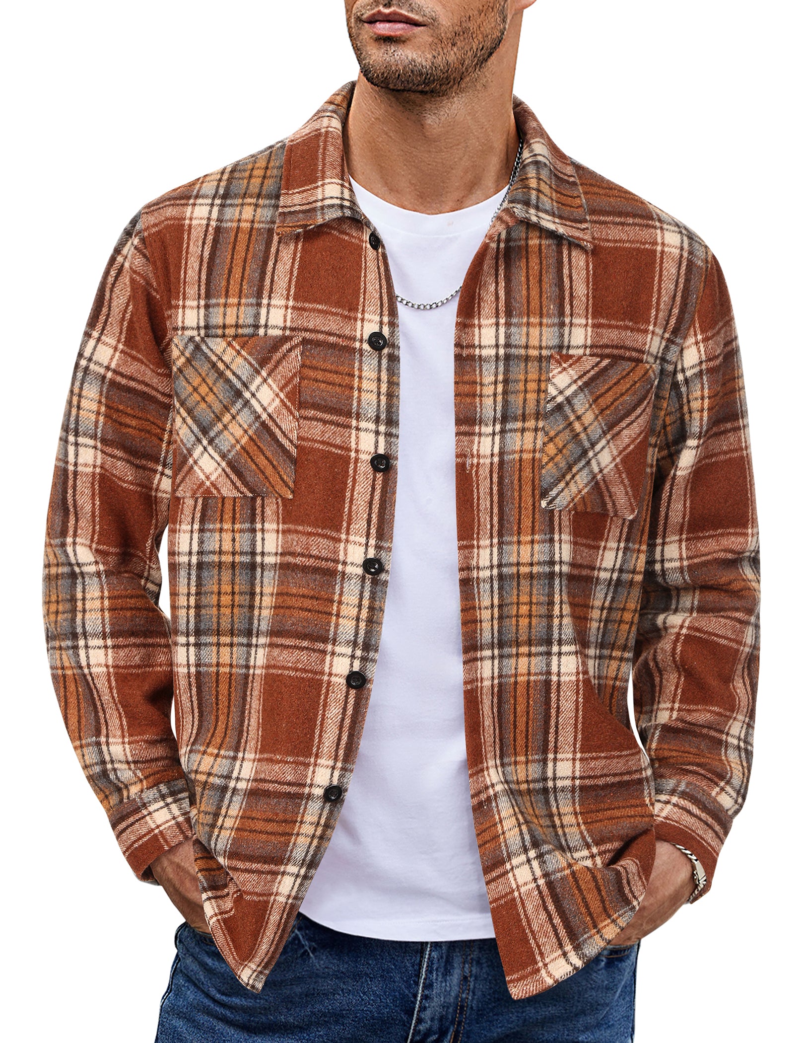 COOFANDY Men's Flannel Shirts Casual Button Down Plaid Shirt Jacket Long Sleeve Fleece Shacket with Pockets