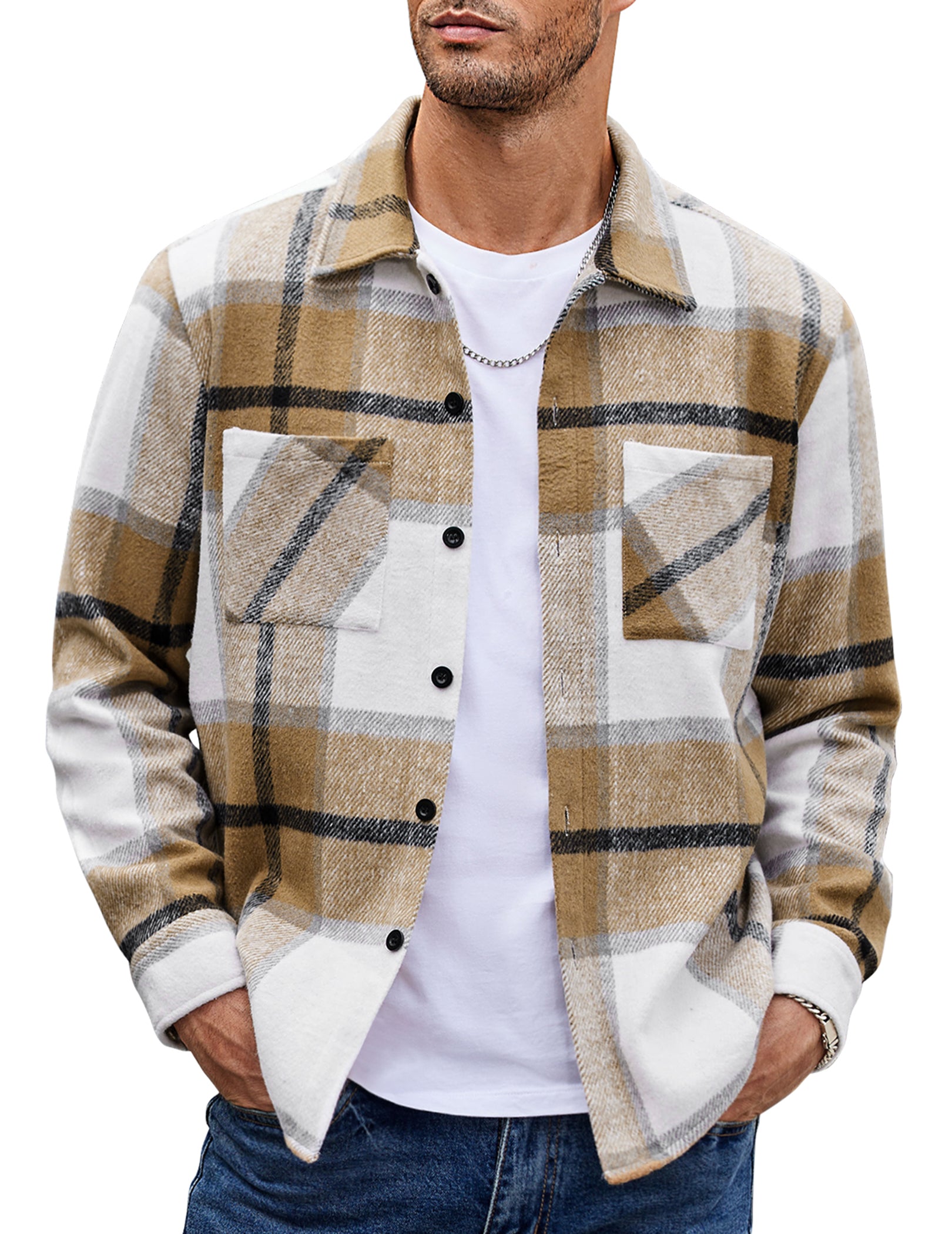 COOFANDY Men's Flannel Shirts Casual Button Down Plaid Shirt Jacket Long Sleeve Fleece Shacket with Pockets