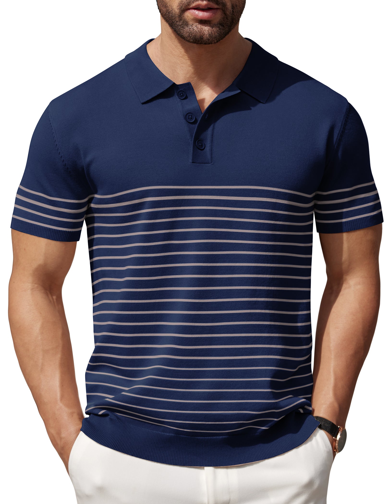 COOFANDY Men's Knit Polo Shirts Short Sleeve Striped Golf Polo Shirts Lightweight Casual Collared T Shirt