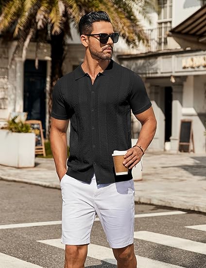 COOFANDY Mens Knit Button Down Shirt Short Sleeve Summer Casual Shirts Vintage Beach Vacation Shirts