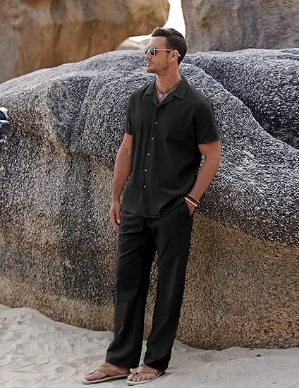 COOFANDY Men 2 Piece Linen Outfit Beach Button Down Shirt Casual Loose Pant Sets