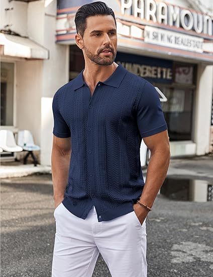 COOFANDY Mens Knit Button Down Shirt Short Sleeve Summer Casual Shirts Vintage Beach Vacation Shirts