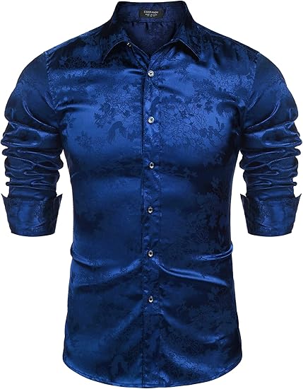 COOFANDY Men's Silk Satin Dress Shirts Jacquard Long Sleeve Floral Button Up Shirts Party Prom Wedding Shirt