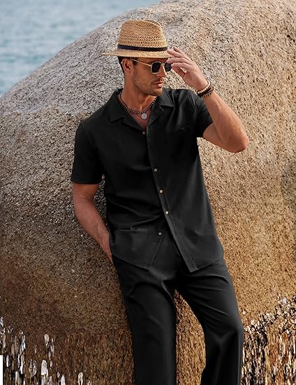 COOFANDY Men 2 Piece Linen Outfit Beach Button Down Shirt Casual Loose Pant Sets