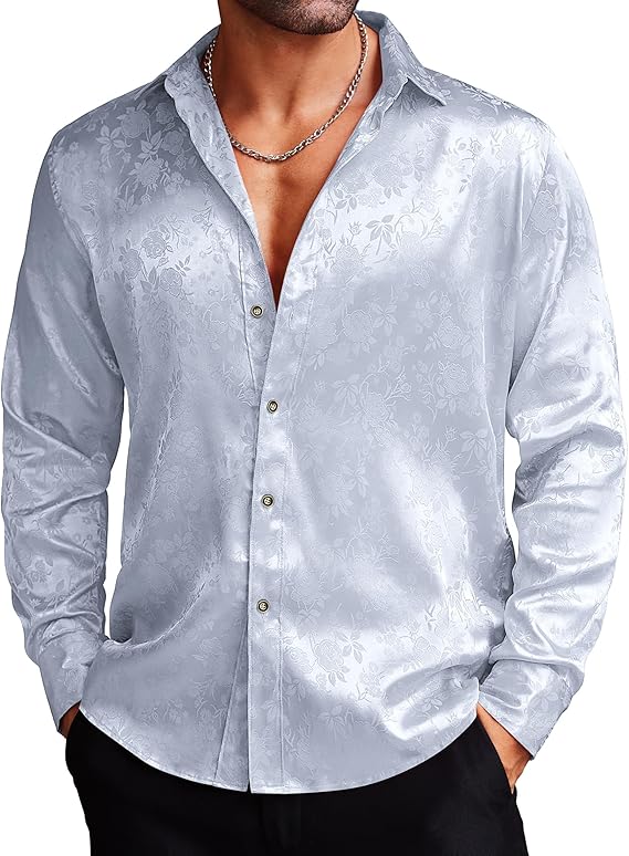 COOFANDY Men's Silk Satin Dress Shirts Jacquard Long Sleeve Floral Button Up Shirts Party Prom Wedding Shirt