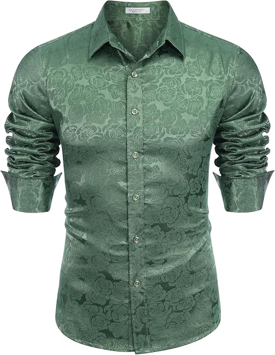 COOFANDY Men's Silk Satin Dress Shirts Jacquard Long Sleeve Floral Button Up Shirts Party Prom Wedding Shirt