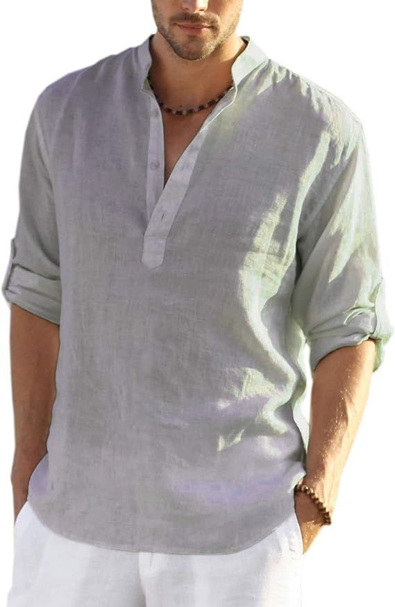 COOFANDY Men's Cotton Linen Henley T-Shirts Long Sleeve Hippie Casual Beach T-Shirts
