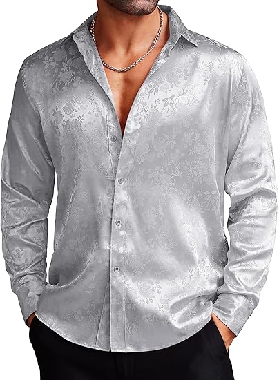 COOFANDY Men's Silk Satin Dress Shirts Jacquard Long Sleeve Floral Button Up Shirts Party Prom Wedding Shirt