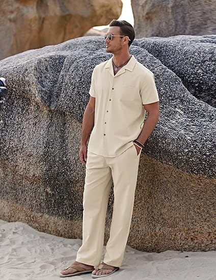 COOFANDY Men 2 Piece Linen Outfit Beach Button Down Shirt Casual Loose Pant Sets