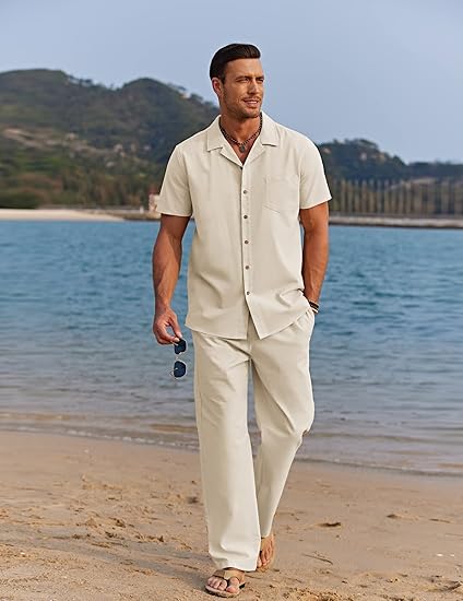 COOFANDY Men 2 Piece Linen Outfit Beach Button Down Shirt Casual Loose Pant Sets