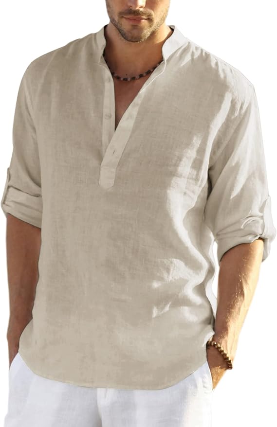 COOFANDY Men's Cotton Linen Henley T-Shirts Long Sleeve Hippie Casual Beach T-Shirts