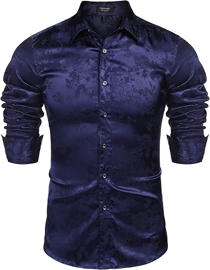 COOFANDY Men's Silk Satin Dress Shirts Jacquard Long Sleeve Floral Button Up Shirts Party Prom Wedding Shirt