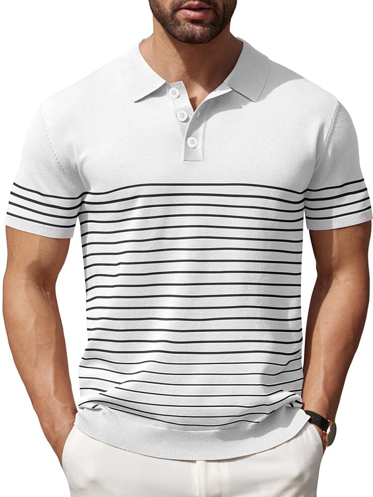 Casual Stripe Knit Polo Shirt (US Only) Shirts & Polos coofandy White S