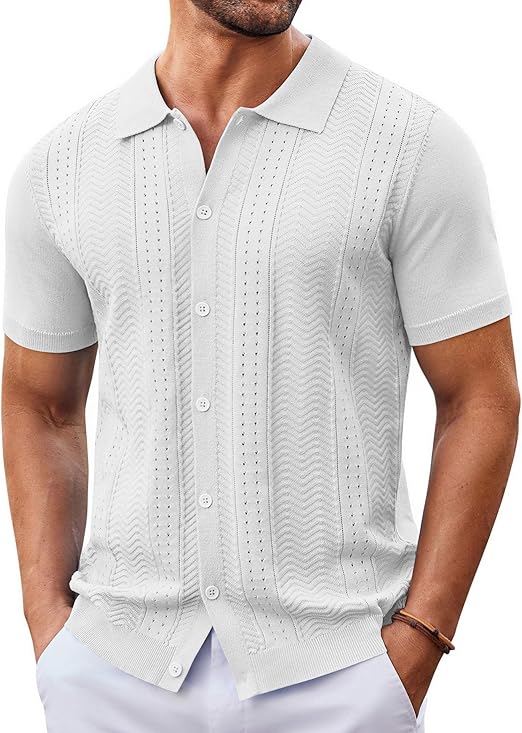 COOFANDY Mens Knit Button Down Shirt Short Sleeve Summer Casual Shirts Vintage Beach Vacation Shirts