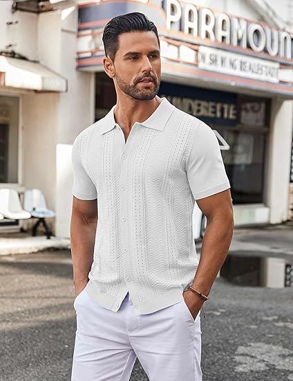 COOFANDY Mens Knit Button Down Shirt Short Sleeve Summer Casual Shirts Vintage Beach Vacation Shirts