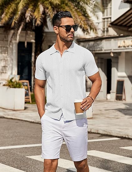 COOFANDY Mens Knit Button Down Shirt Short Sleeve Summer Casual Shirts Vintage Beach Vacation Shirts