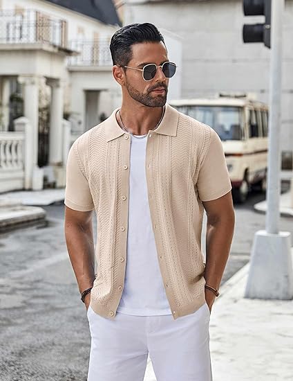 COOFANDY Mens Knit Button Down Shirt Short Sleeve Summer Casual Shirts Vintage Beach Vacation Shirts