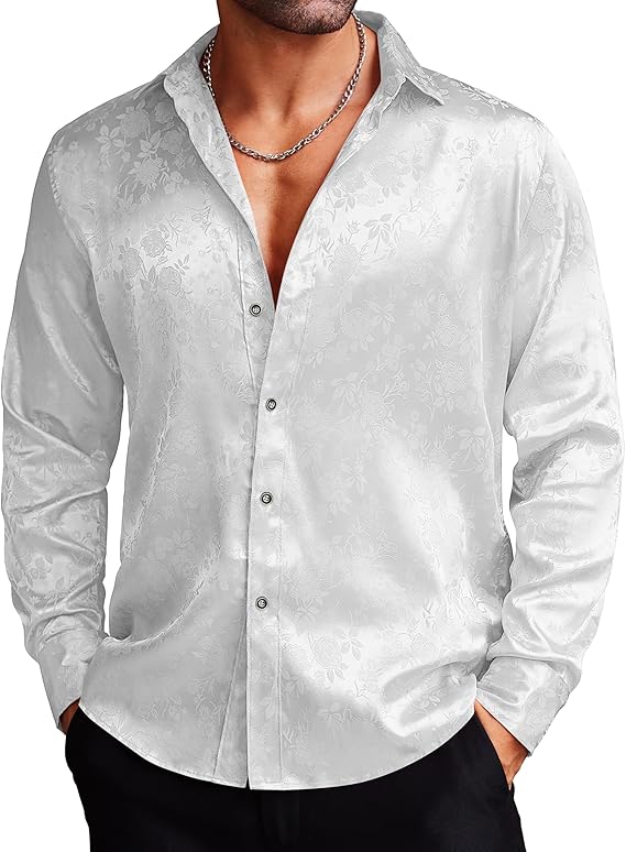 COOFANDY Men's Silk Satin Dress Shirts Jacquard Long Sleeve Floral Button Up Shirts Party Prom Wedding Shirt