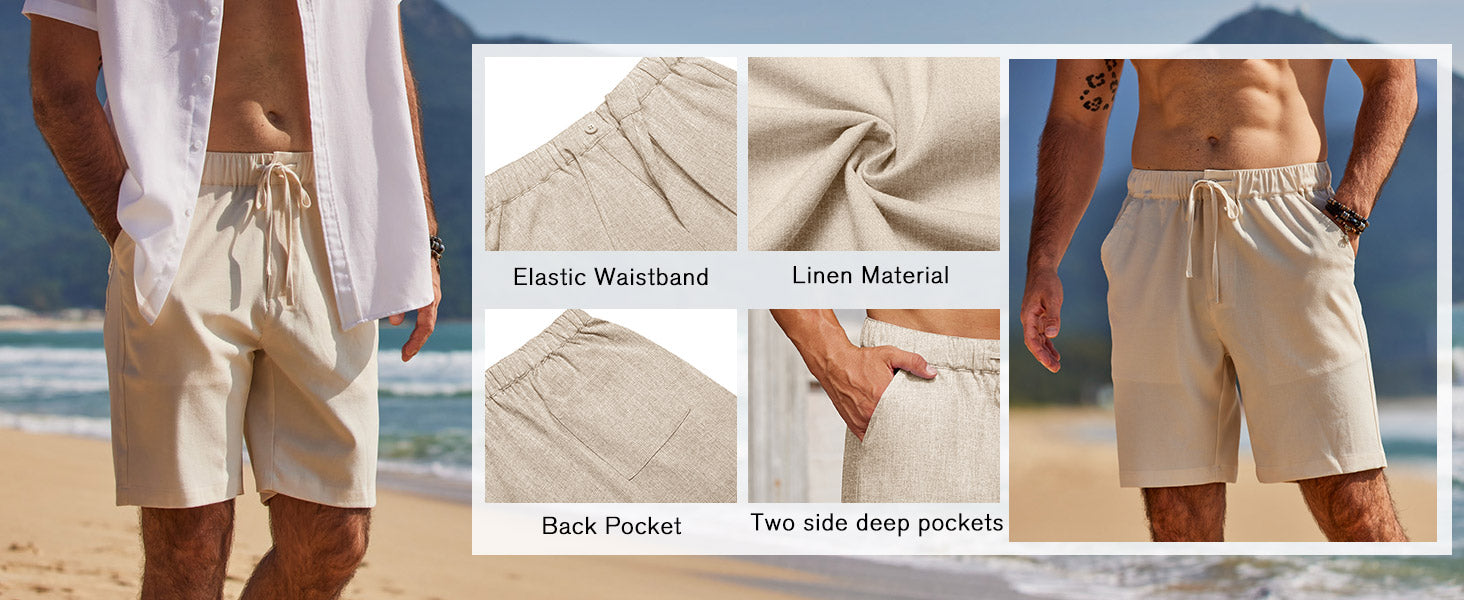 COOFANDY Mens Casual Shorts Elastic Waist Drawstring Shorts Summer Beach Linen Shorts