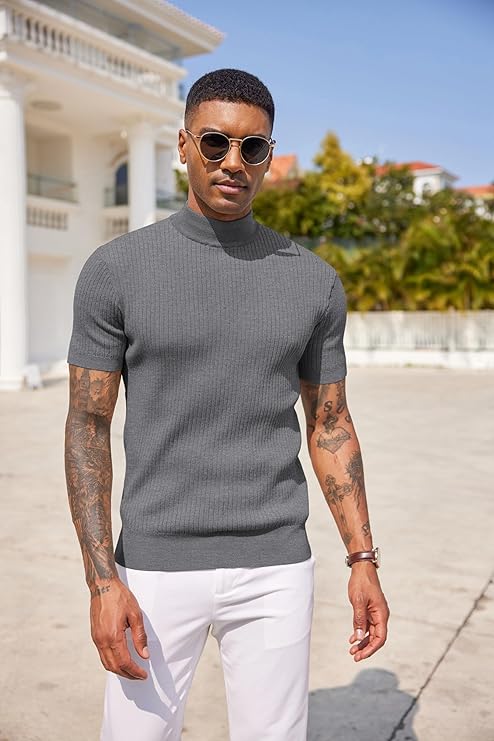 COOFANDY Men's Mock Turtleneck Sweater Short Sleeve Casual Basic Tops Ribbed Knit Pullover Solid Tee