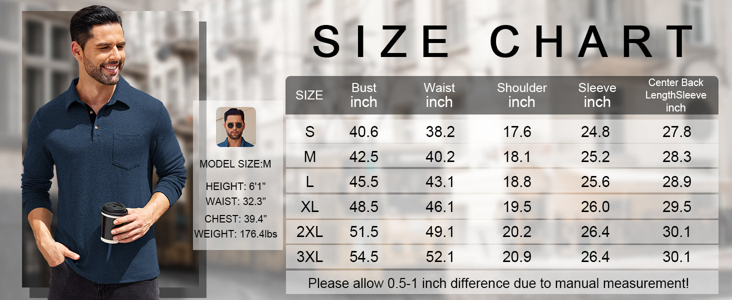 COOFANDY Men's Long Sleeve Polo Shirt Casual Dress Button Polo T Shirt with Pocket Basic Lightweight Collared Golf Shirt