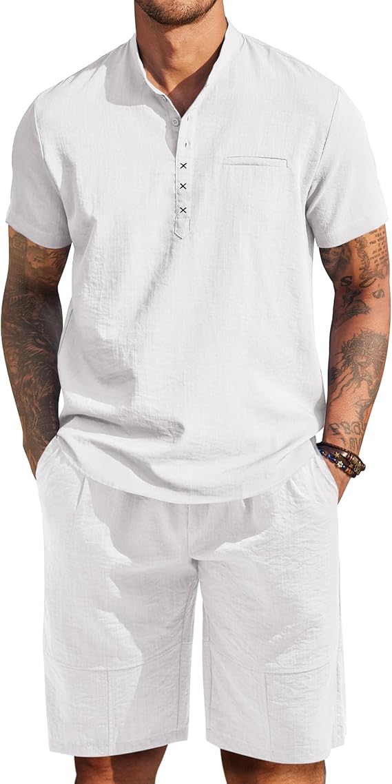 COOFANDY Men's 2 Piece Outfits Short Sleeve Henley Shirts and Shorts Summer Beach Yoga Pants Set