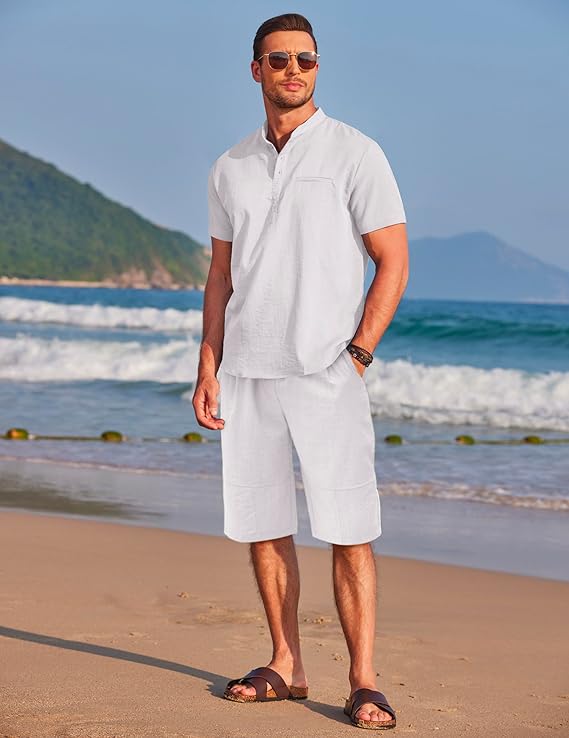 COOFANDY Men's 2 Piece Outfits Short Sleeve Henley Shirts and Shorts Summer Beach Yoga Pants Set