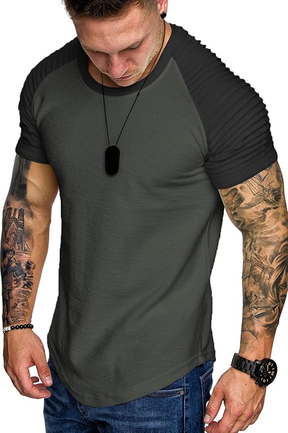 COOFANDY Men's Muscle Pleated Raglan Sleeve Bodybuilding Gym Tee Short Sleeve Fashion Workout Hipster Shirt
