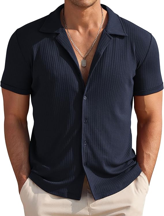 COOFANDY Mens Knit Button Down Short Sleeve Button Up Shirt Summer Casual Beach Tops
