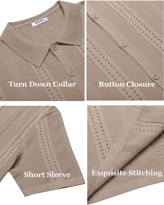 COOFANDY Men's Knit Shirts Short Sleeve Button Down Polo Shirt Fashion Casual Summer Beach Shirts