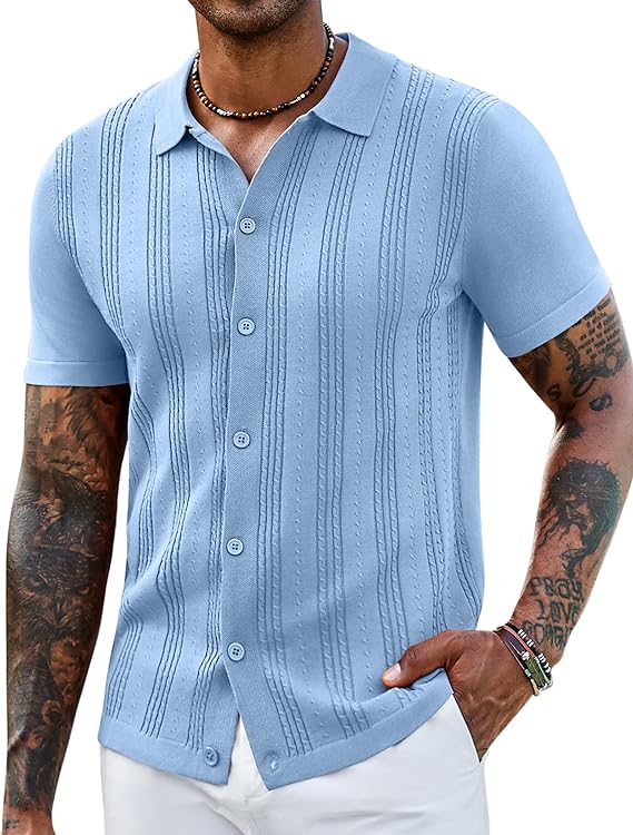 COOFANDY Men's Knit Shirts Short Sleeve Casual Button Down Polo Shirt Summer Beach Vacation Shirts